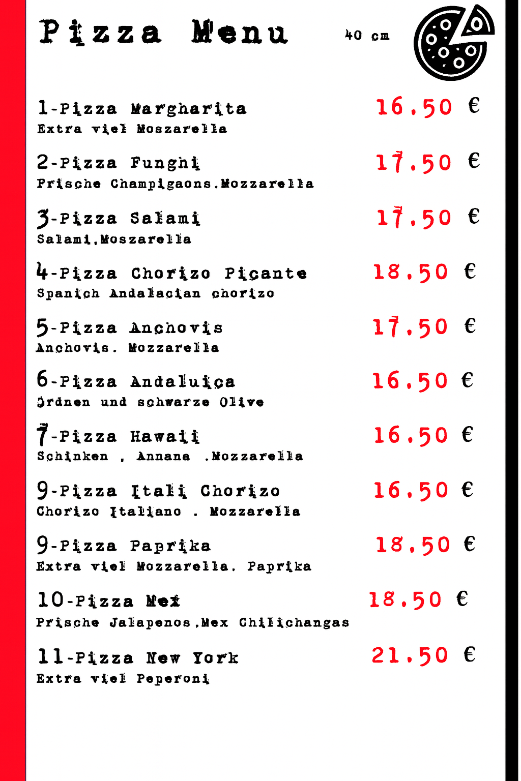 Speisekarte Pizza little red fat pig Speisekarte Pizza little red fat pig